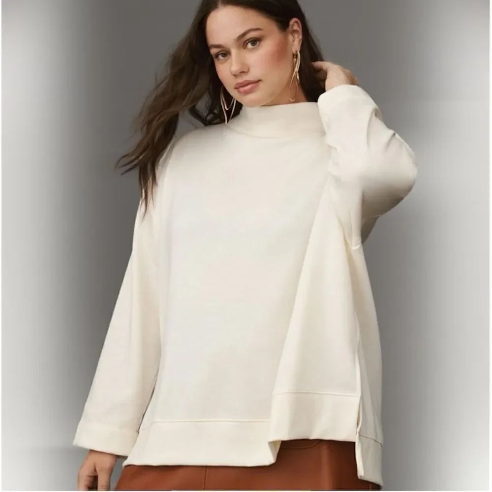Anthropologie Maeve Funnel-Neck Tunic Pullover Sweatshirt in Cream